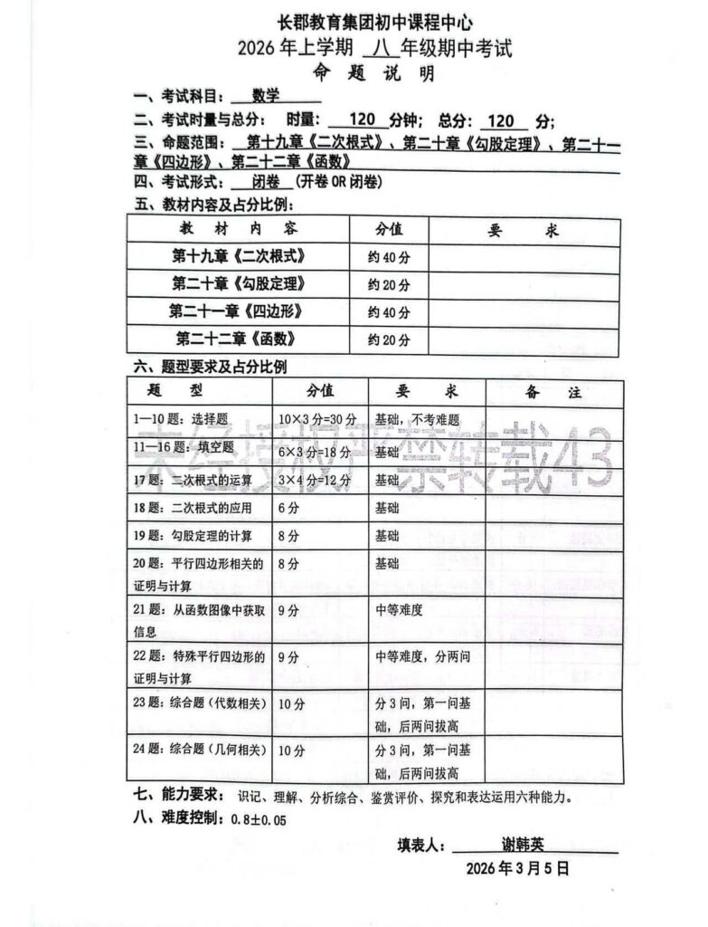 图片[2]-26春长郡期中考试命题说明-数学