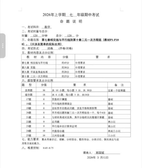 26春一中期中考试命题说明-数学-考试信息