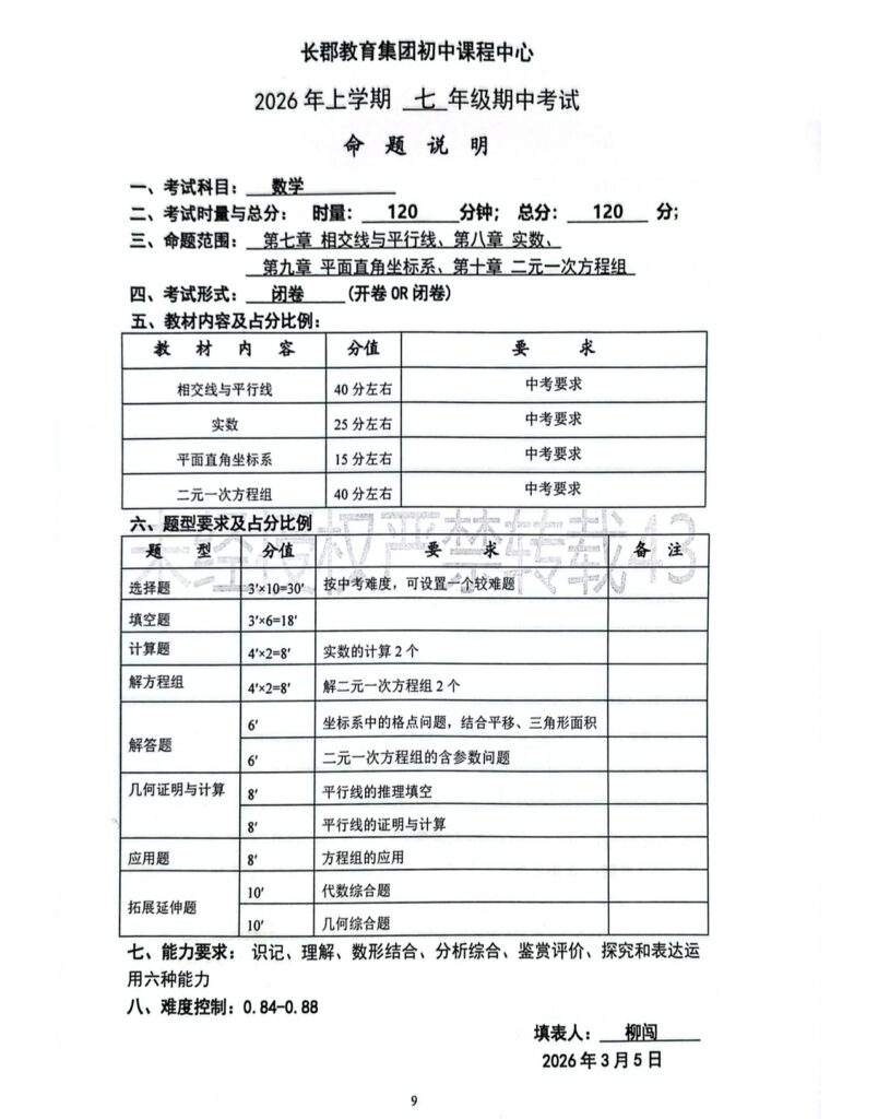 图片[1]-26春长郡期中考试命题说明-数学