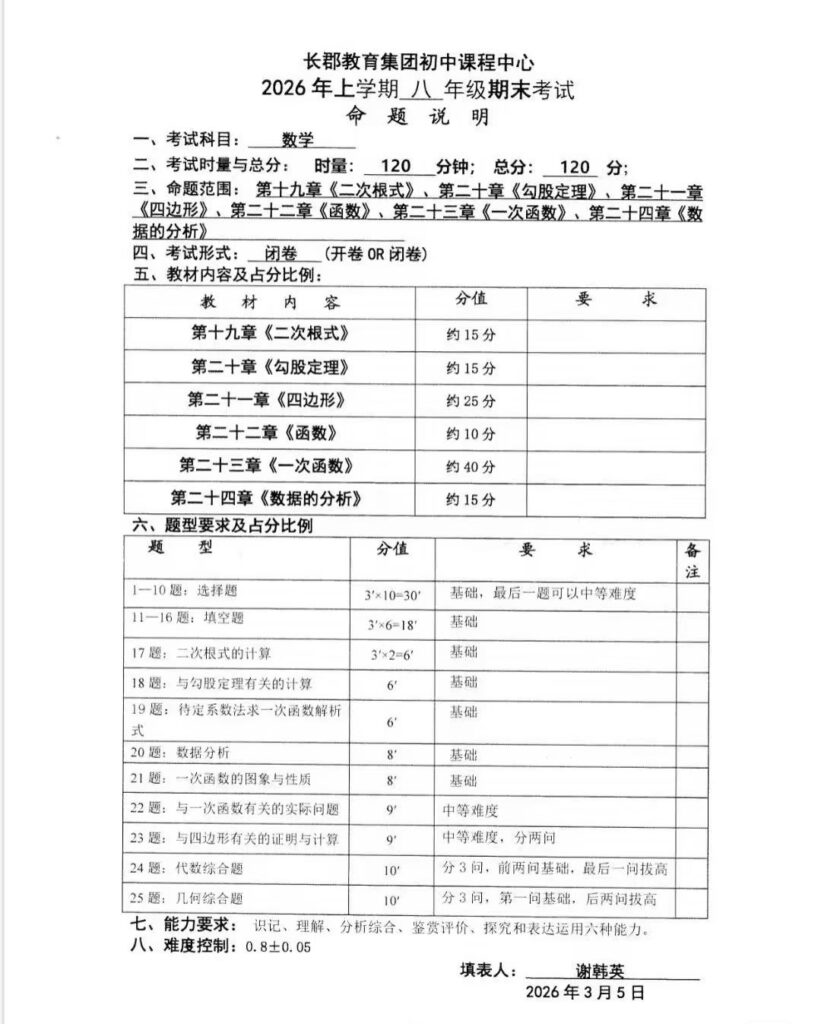 图片[2]-26春长郡期末考试命题说明-数学